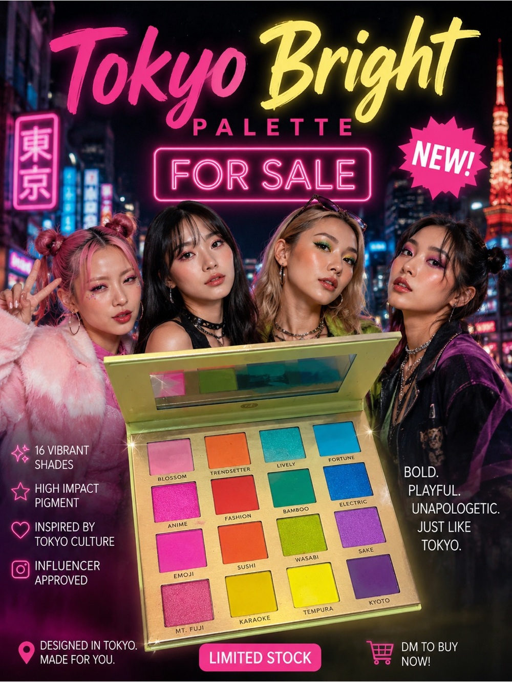 Palette Toyoko🩷🧡🩵💙🩷❤️💚Vibrant Multicolor Eyeshadow (16-Shade) New/Vegan.